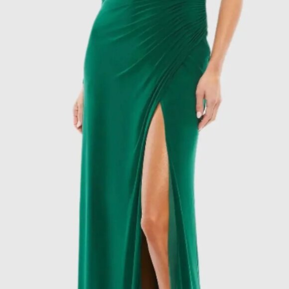 Ieena for Mac Duggal  Green Ruched Jersey Drop Shoulder Foldover Gown - Picture 4 of 9